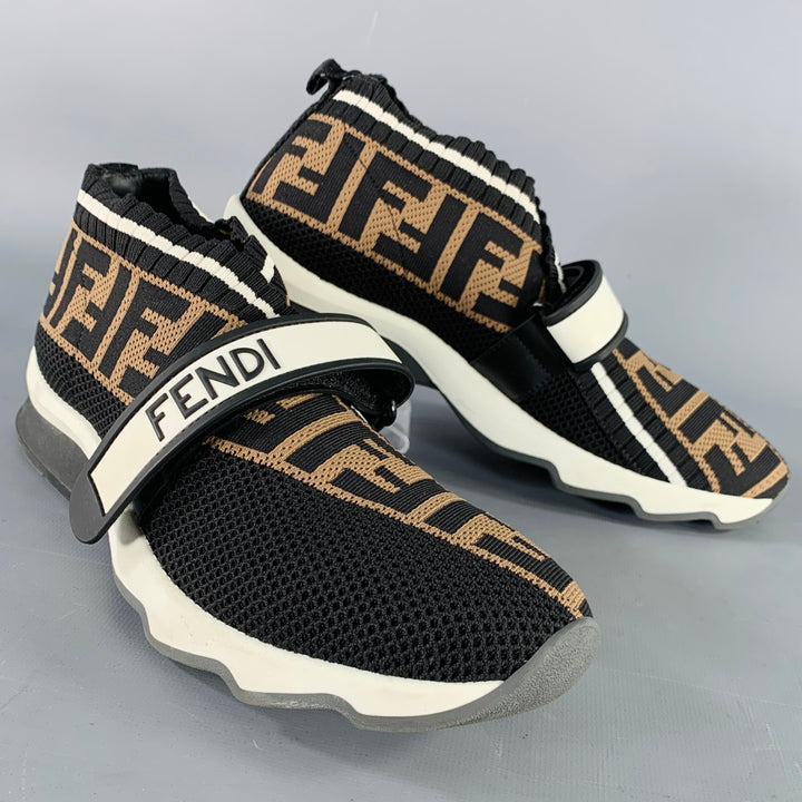 FENDI Size 8 Rockoko Black Brown Jacquard Monogram Slip On Sneakers