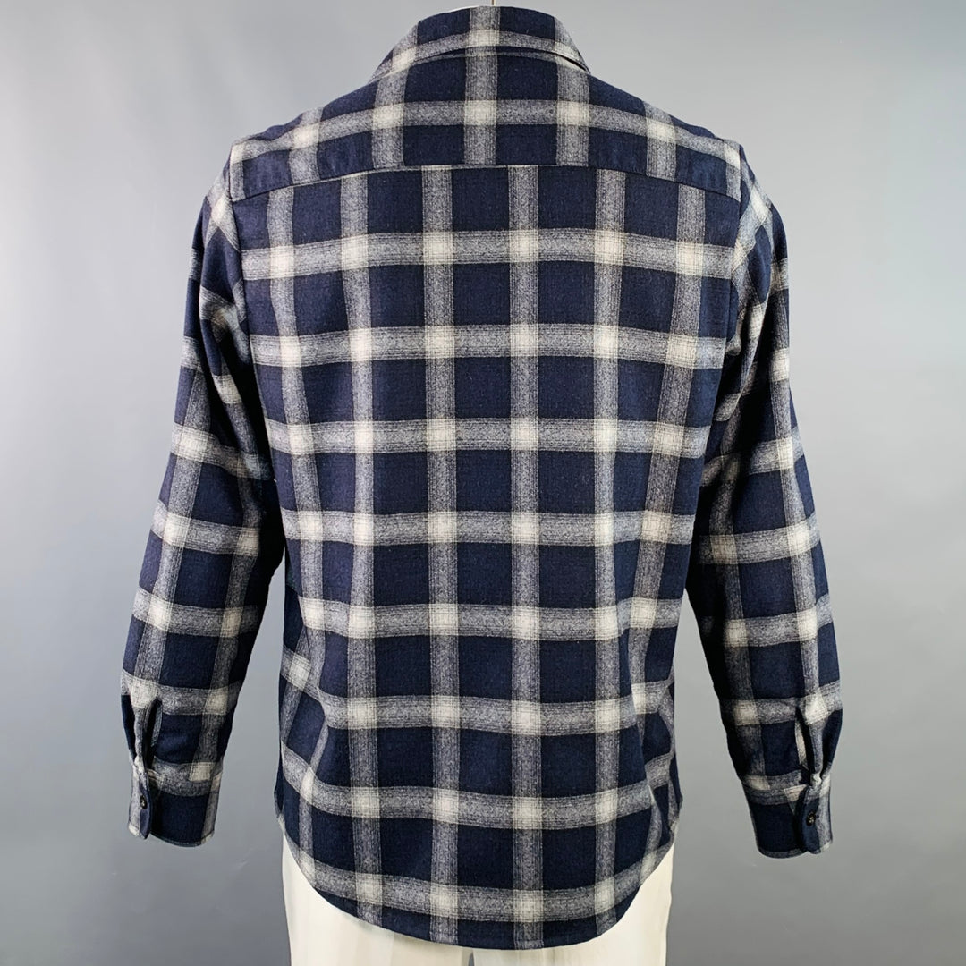 A.P.C. Size XL Navy Grey Plaid Wool Blend Button Up Long Sleeve Shirt