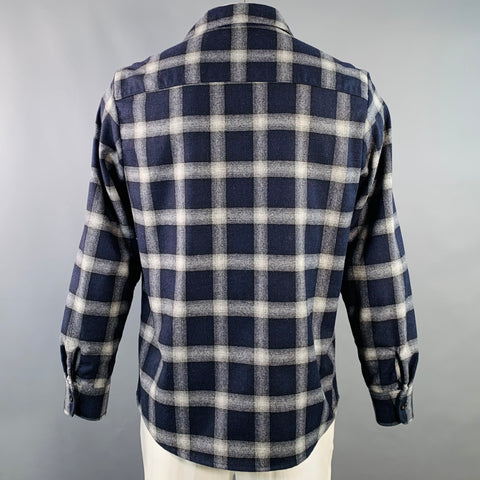 A.P.C. Size XL Navy Grey Plaid Wool Blend Button Up Long Sleeve Shirt