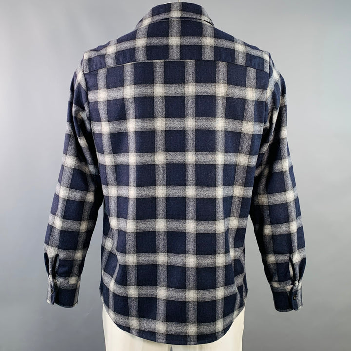 A.P.C. Size XL Navy Grey Plaid Wool Blend Button Up Long Sleeve Shirt
