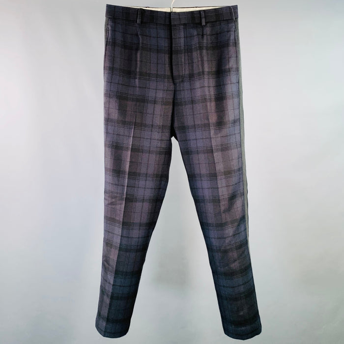 BLACK FLEECE by THOM BROWNE Taille 28 Pantalon habillé en sergé de laine mélangée à carreaux noir et bleu marine avec braguette boutonnée