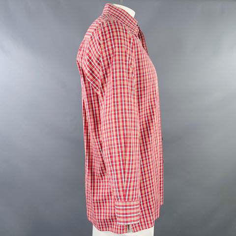 ERMENEGILDO ZEGNA Size L Red Brown Plaid Cotton Curved Cutaway Long Sleeve Shirt