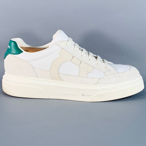 SALVATORE FERRAGAMO Size 11 White Green Logo Leather Chunky Sole Sneakers