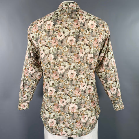 PAUL SMITH Size XXL Cream Olive Floral Cotton One Pocket Long Sleeve Shirt