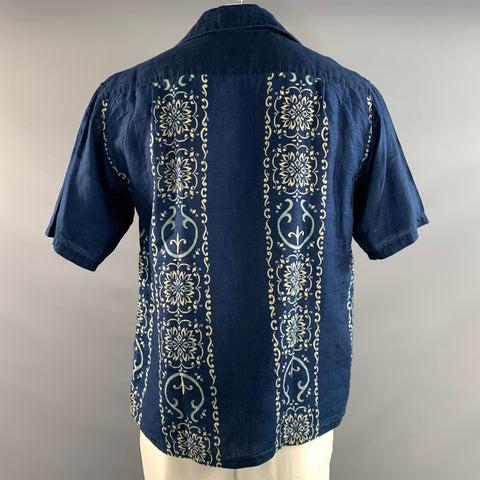 KAPITAL Size L Navy Blue Abstract Floral Linen Camp Short Sleeve Shirt