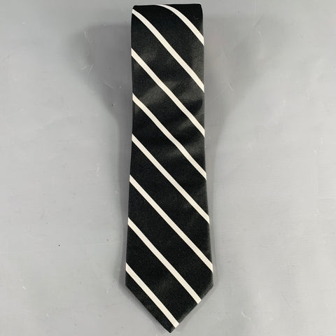 BROOKS BROTHERS Black Cream Diagonal Stripe Silk Tie