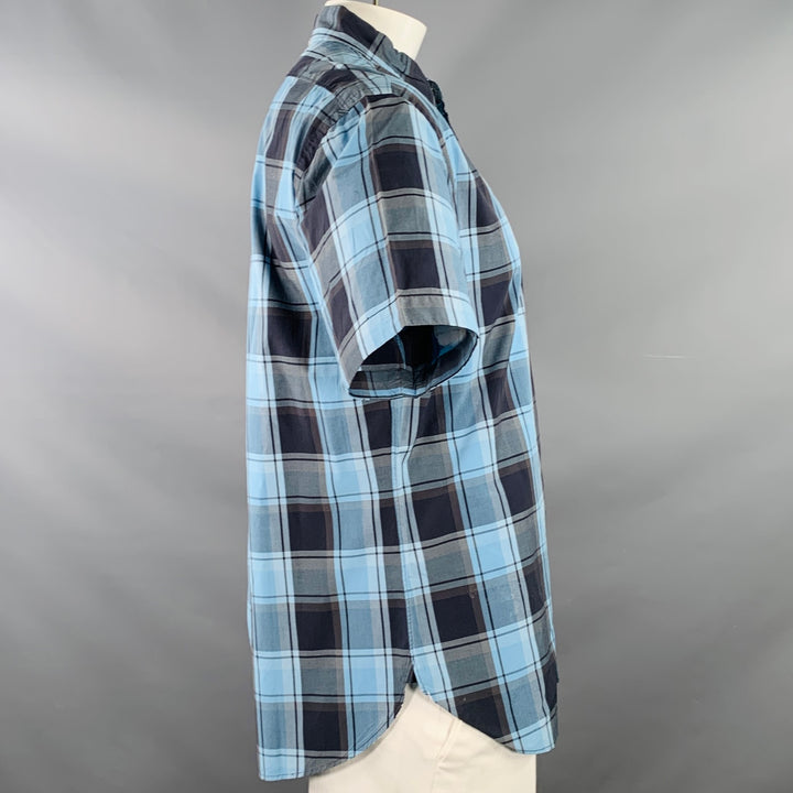 TODD SNYDER Size XL Blue Navy Checkered Cotton One Pocket Short Sleeve Shirt