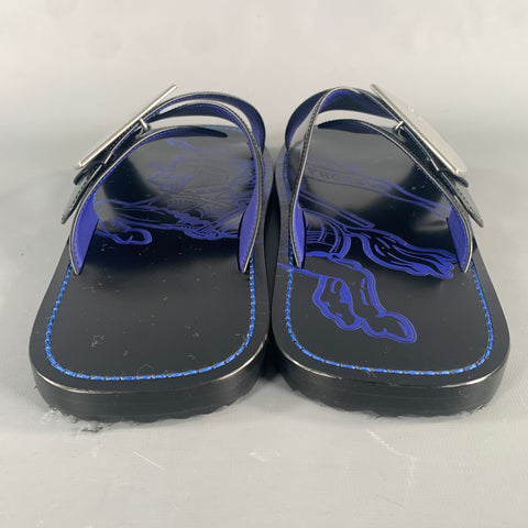 BURBERRY Size 10 Black Blue ITCALFRA5SAN Contrast Stitch Leather Slide Sandals