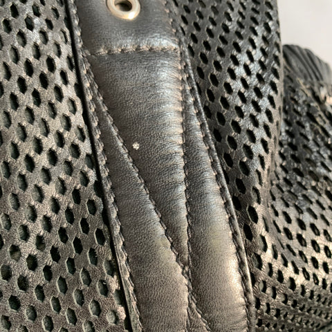 MIU MIU Black Perforated Leather Grommets Top Handles Handbag
