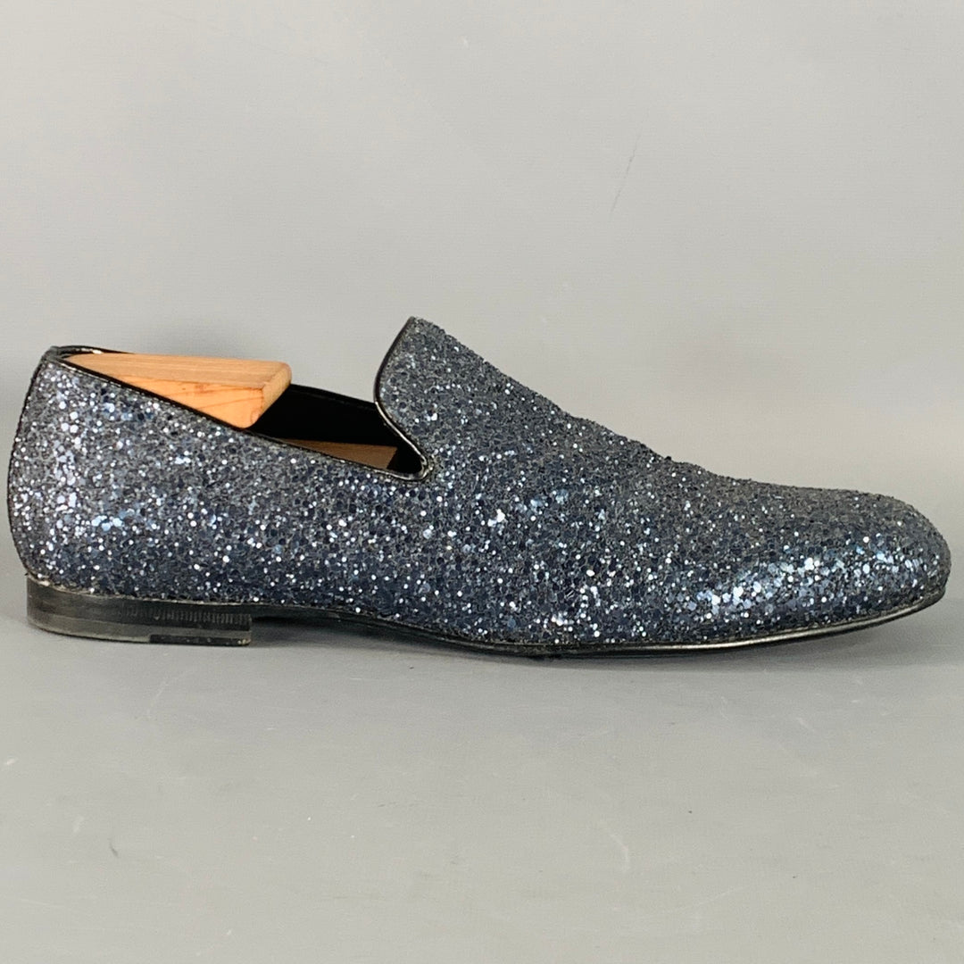 JIMMY CHOO Size 9 Thame Grey Black Glitter Leather Slip On Loafers