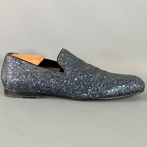 JIMMY CHOO Size 9 Thame Grey Black Glitter Leather Slip On Loafers