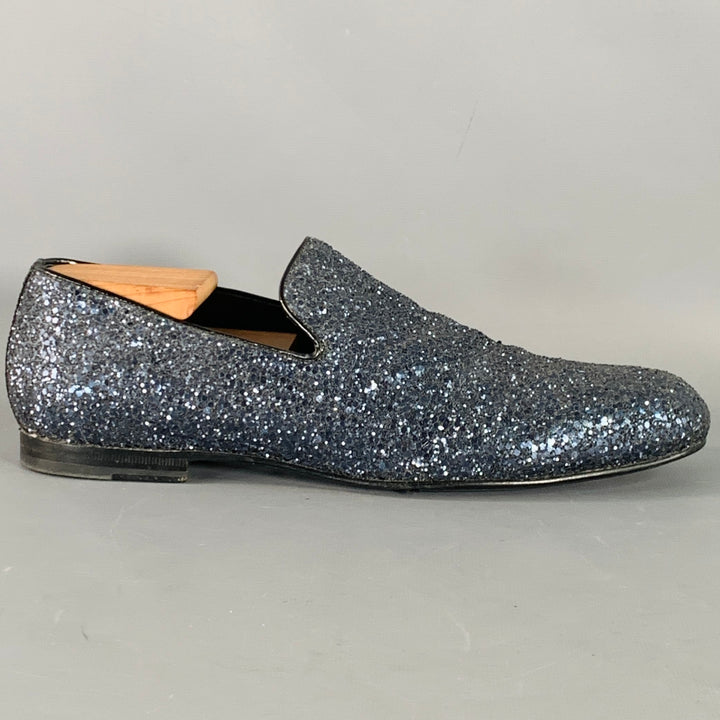 JIMMY CHOO Size 9 Thame Grey Black Glitter Leather Slip On Loafers