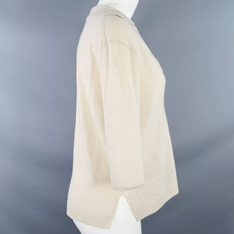 NHBT Size M Beige Cashmere Knit Open Collar V-Neck 3/4 Sleeves Casual Top