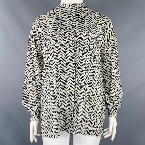 HAIDER ACKERMANN Size L Black White Viscose Silk Zig Zag Collarless Shirt