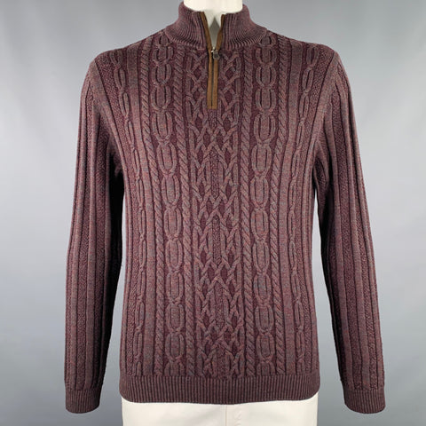 LENOR ROMANO Size L Brown Cable Knit Merino Wool 1/4 Zip Pullover