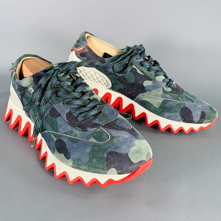 CHRISTIAN LOUBOUTIN Size 12 Green Blue Camouflage Suede Red Sole Sneakers