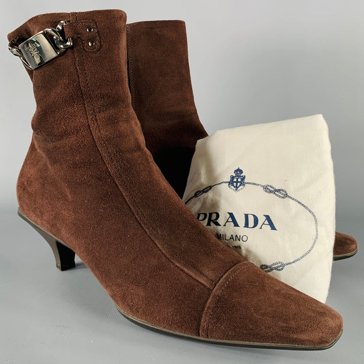 PRADA Size 7.5 Brown Suede Kitten Heel Boots