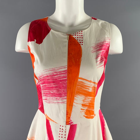 DONNA KARAN SS 2018 Size M Orange Fuchsia Cotton  Spandex Geometric A-Line Dress