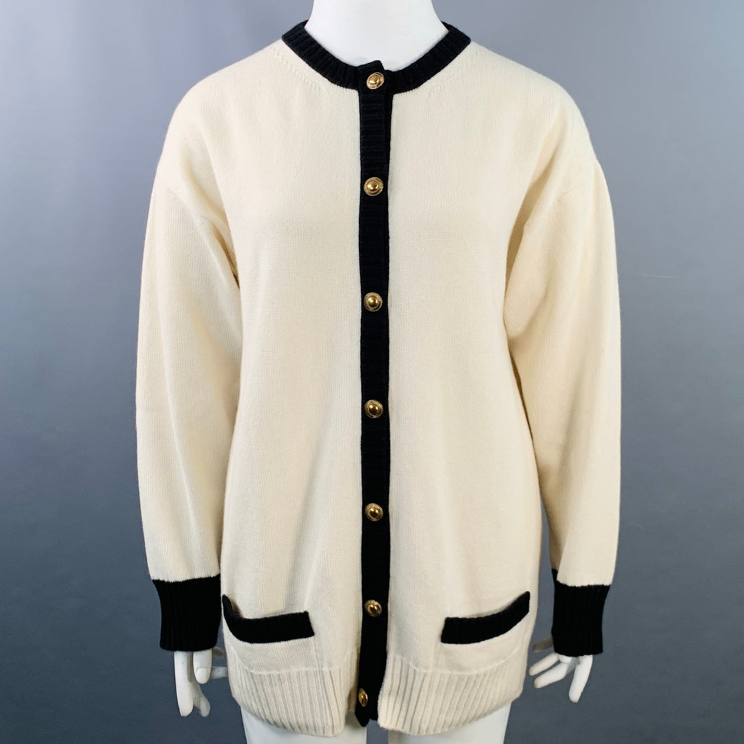 SAINT LAURENT Size L Cream Black Cashmere Contrast Trim Cardigan