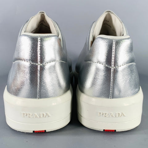 PRADA Size 7.5 Metallic Silver Leather Platform Sneakers