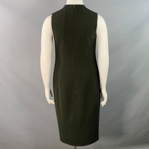 AKRIS Size 12 Dark Green Wool Crepe Sleeveless V-Neck Midi Dress