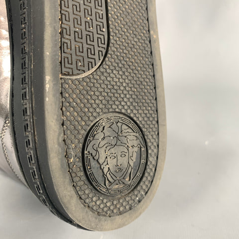 VERSACE Size 8 Silver Black Metallic Leather High Top Sneakers