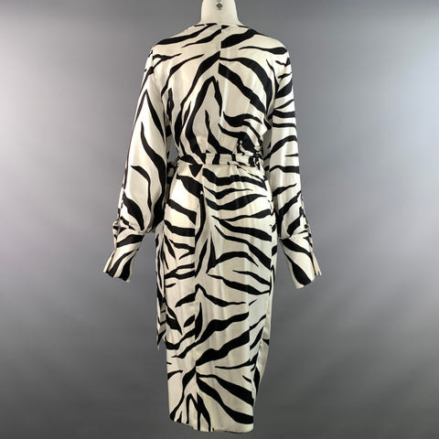 OSCAR DE LA RENTA Size L White Black Silk Zebra Wrap Long Dress