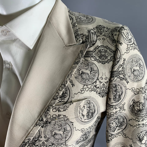 DOLCE & GABBANA Size 38 Cream Black Greca Cotton Blend Peak Lapel Sport Coat