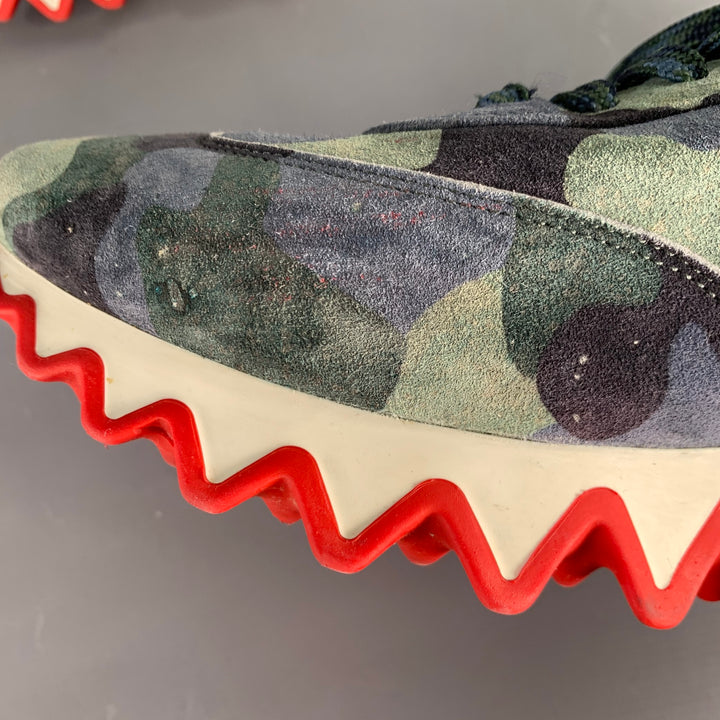 CHRISTIAN LOUBOUTIN Size 12 Green Blue Camouflage Suede Red Sole Sneakers