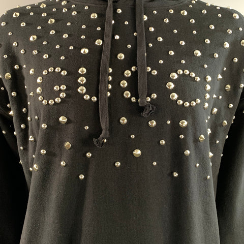 GUCCI Size XL Black Studded Cotton Hooded Sweatshirt