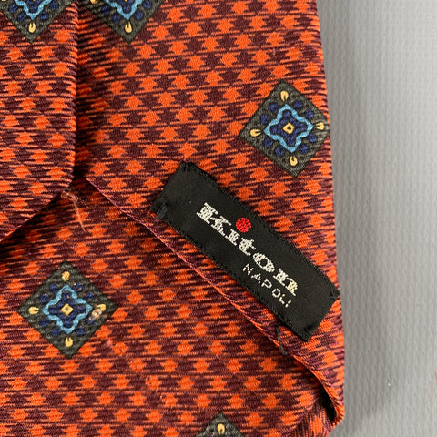 KITON Orange Blue Checkered Silk Tie