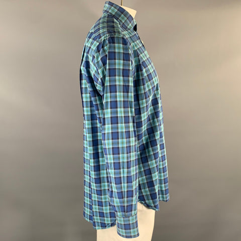 LORENZI Size XL Turquoise Blue Plaid Long Sleeve Shirt