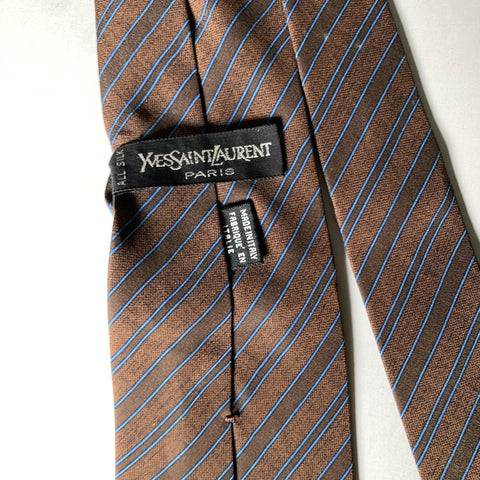 YVES SAINT LAURENT Brown Blue Diagonal Stripe Silk Tie