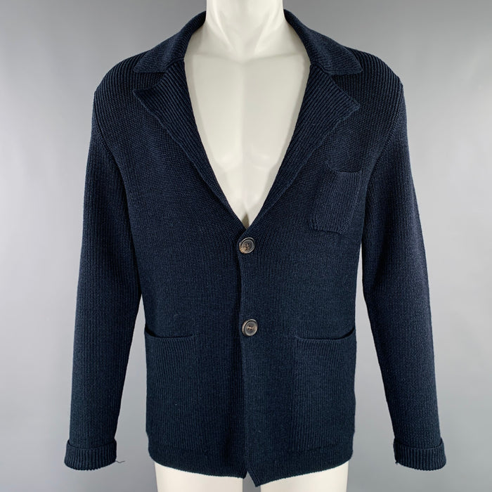 LANVIN Size M Navy Knit Merino Wool 2 Pockets Cardigan