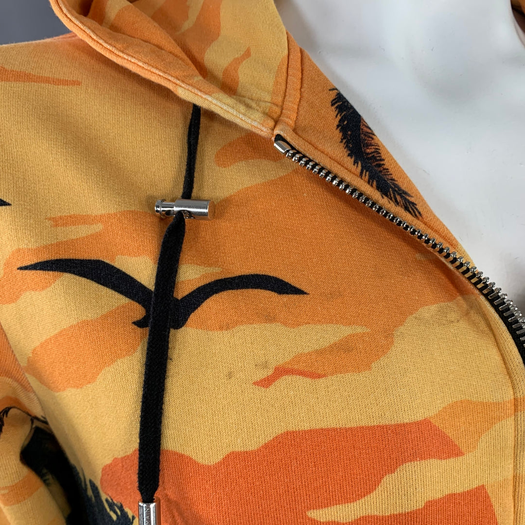 BALMAIN Size L Black Orange Blue Tropical Cotton Hooded Zip Up Sweatshirt