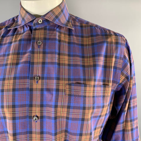 LORENZI Size XL Purple Brown Plaid Cotton Spread Collar Long Sleeve Shirt
