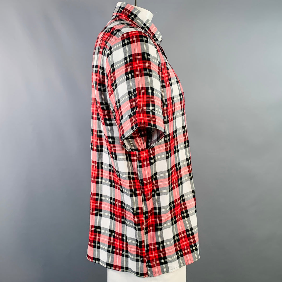 NEIL BARRETT Size XL Red Black White Plaid Cotton One Pocket Short Sleeve Shirt