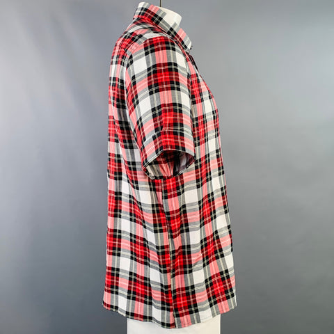 NEIL BARRETT Size XL Red Black White Plaid Cotton One Pocket Short Sleeve Shirt