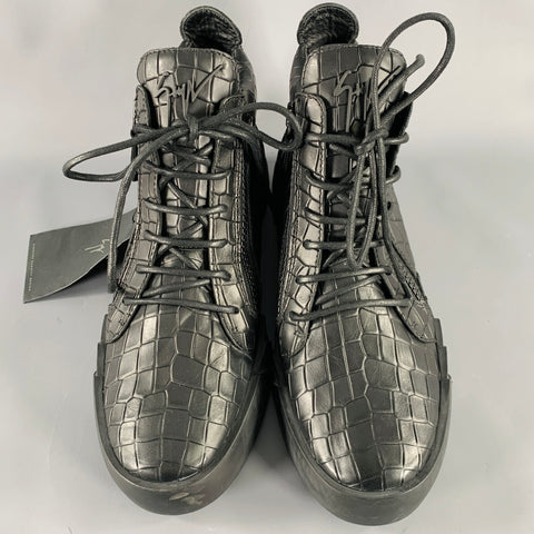 GIUSEPPE ZANOTTI Size 9 Black Croc Embossed Leather High Top Sneakers