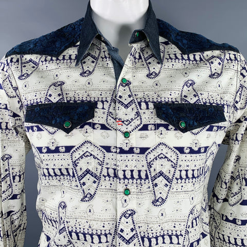 ROBERT GRAHAM Size L Cream Navy Embroidery Cotton Western Long Sleeve Shirt