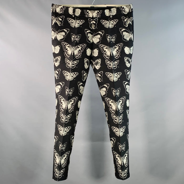 ALEXANDER MCQUEEN Size 38 Black Grey Butterfly Wool Cotton Blend Jacquard Dress Pants