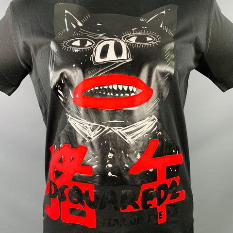 DSQUARED2 Size L Year of the Pig Black Red Print Cotton Crew Neck T-shirt