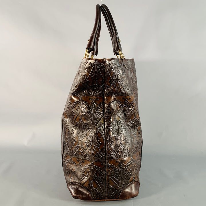 LIBERTY OF LONDON Brown Gold Embossed Leather Oversized Tote Handbag