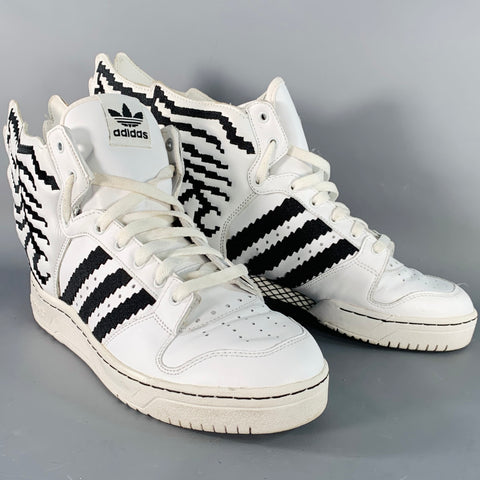 ADIDAS x JEREMY SCOTT Size 9.5 JS Wings 2.0 Pixel White Black Leather High Top Sneakers