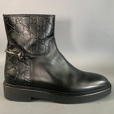GUCCI Size 9.5 Black Leather 811377 Monogram Round Toe Boots