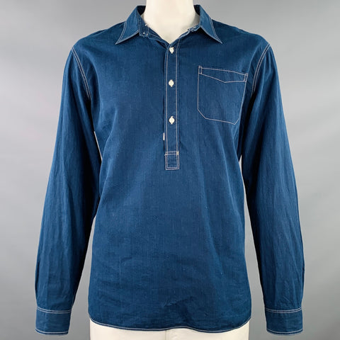 RRL by RALPH LAUREN Size XL Indigo Khaki Cotton Contrast Stitch Popover Long Sleeve Shirt