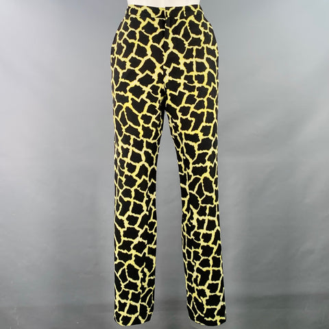 MSGM Size 6 Black Yellow Viscose Animal Print Tapered Zip Fly Dress Pants