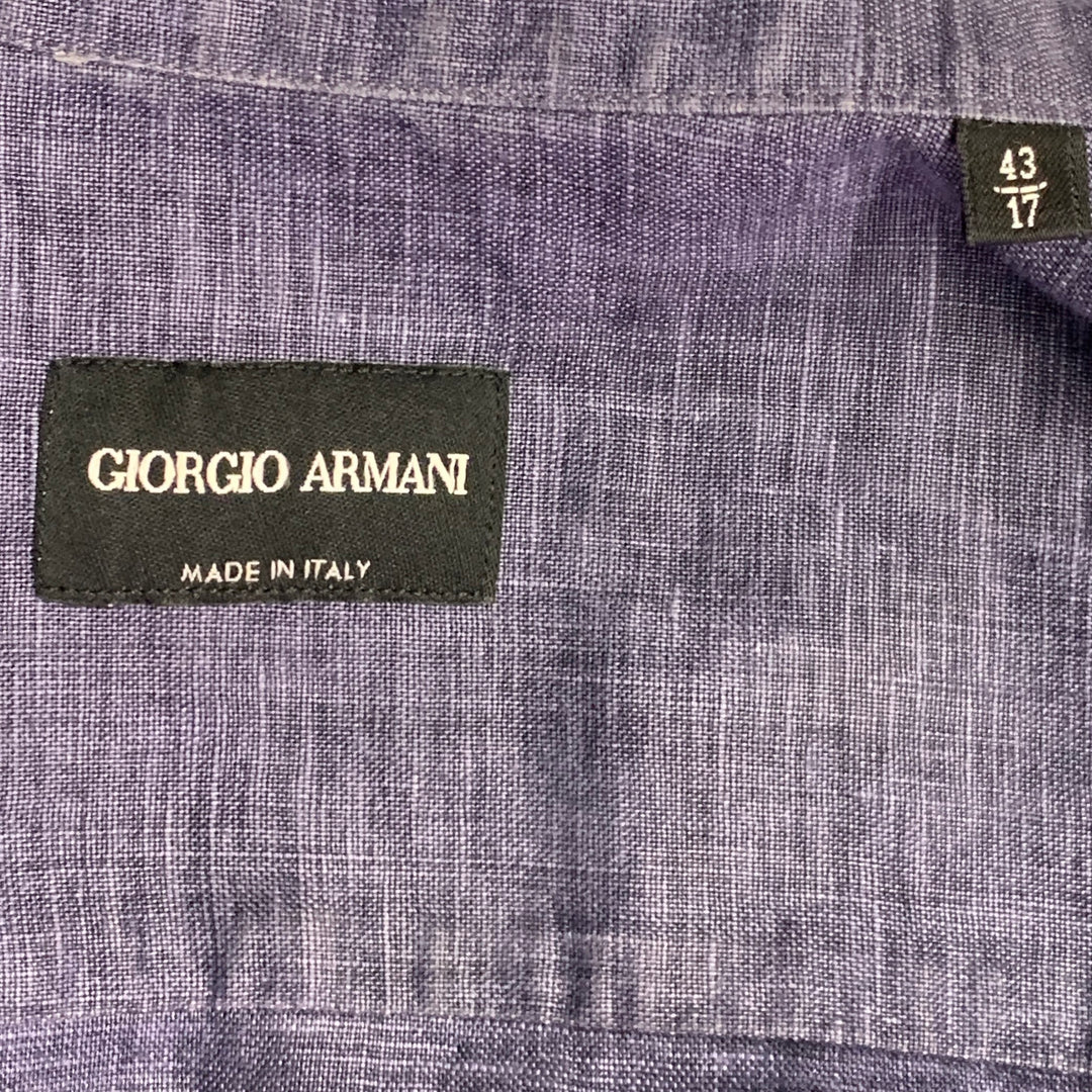 GIORGIO ARMANI Size L Blue Woven Linen Collarless Double Zipper Long Sleeve Shirt