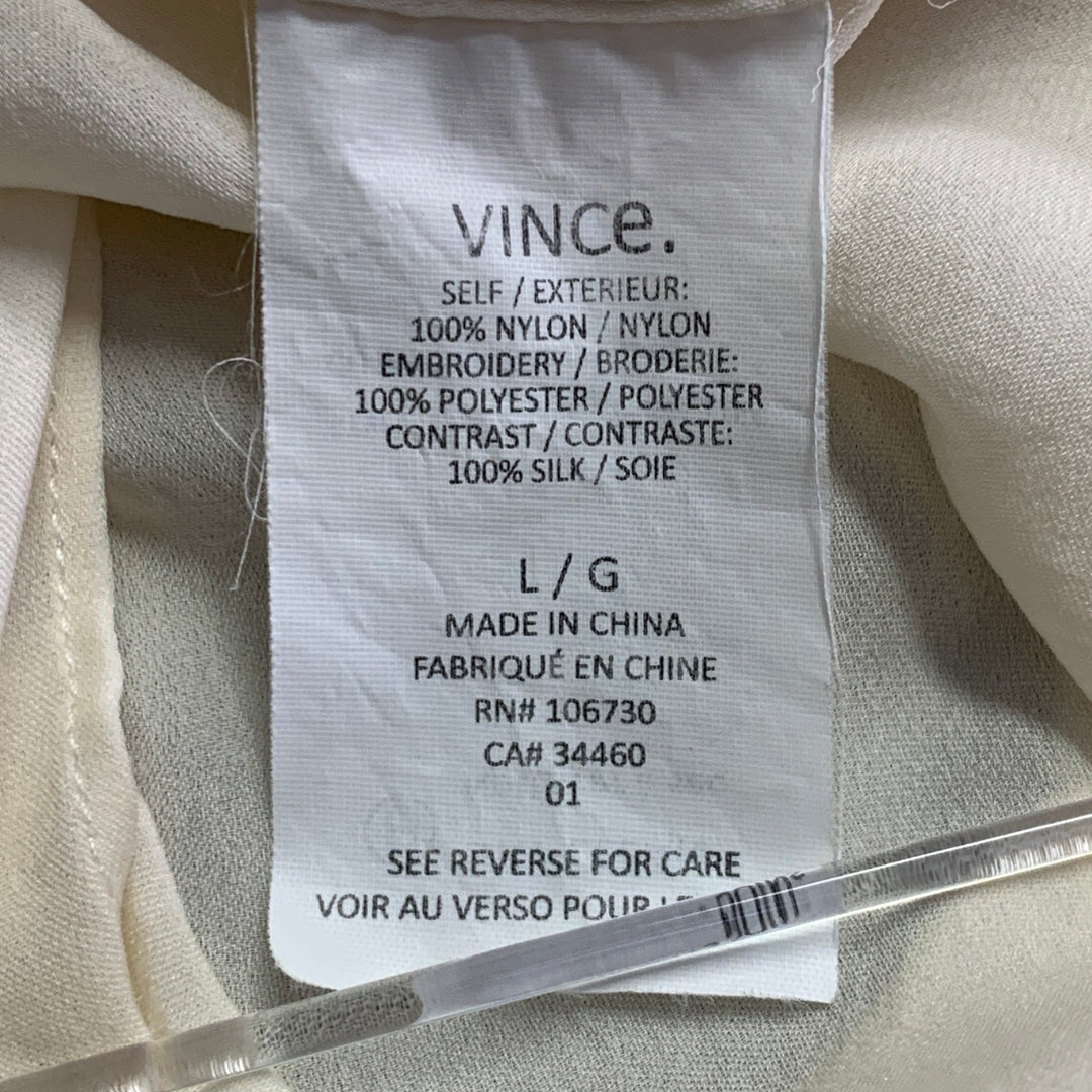 VINCE Size L Cream Nylon Embroidered Geometric Raw Edge Sleeveless Casual Top