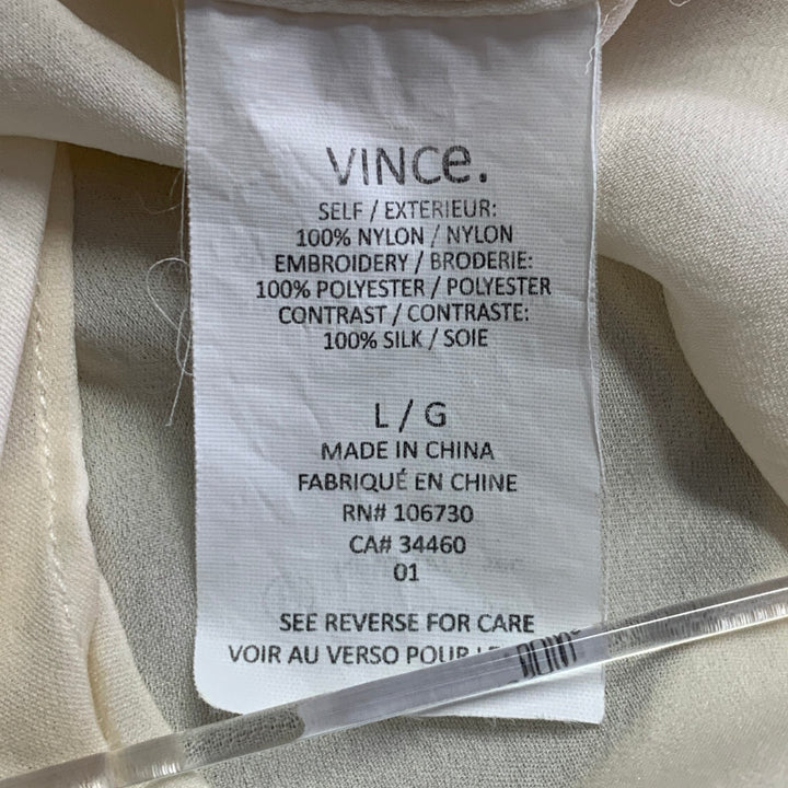 VINCE Size L Cream Nylon Embroidered Geometric Raw Edge Sleeveless Casual Top